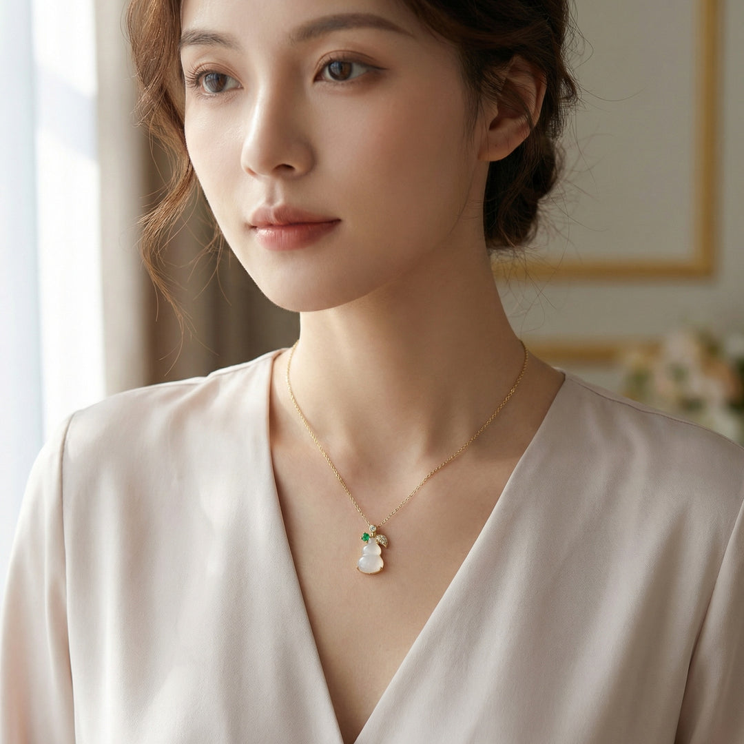 ✨ 925 Sterling Silver Elegant White Jade Gourd Pendant Necklace with Emerald & Diamond Leaf Accents ✨