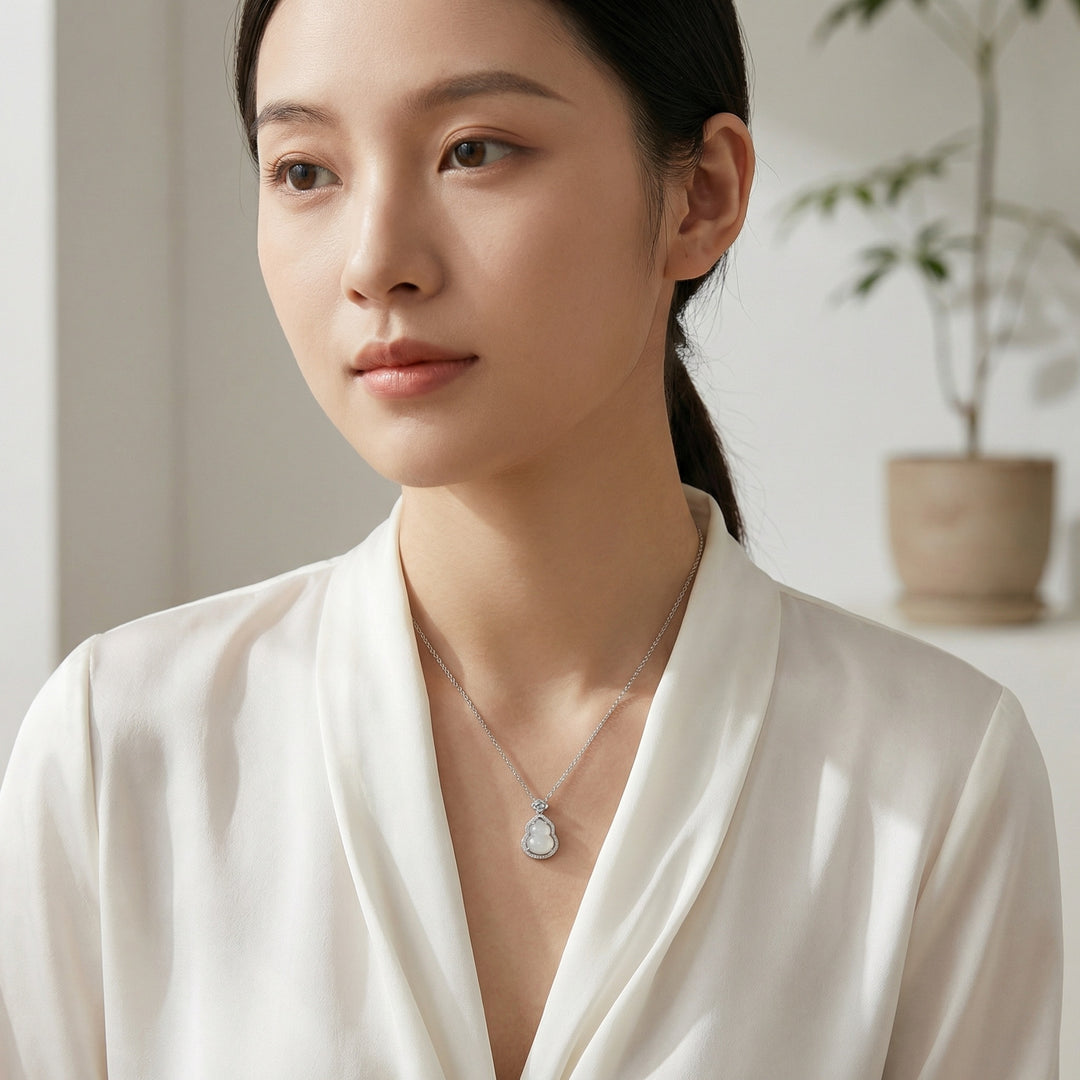 925 Sterling Silver White Jade Gourd Pendant Necklace – Elegant Design with Shimmering Stone Halo