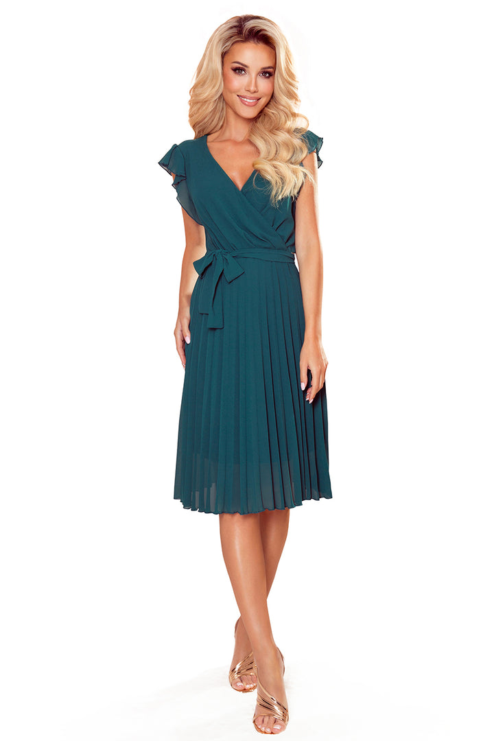 POLINA Pleated dress with a neckline and frills - green