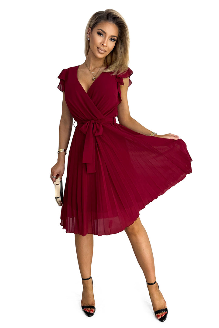 POLINA Pleated dress with a neckline and frills - Burgundy color