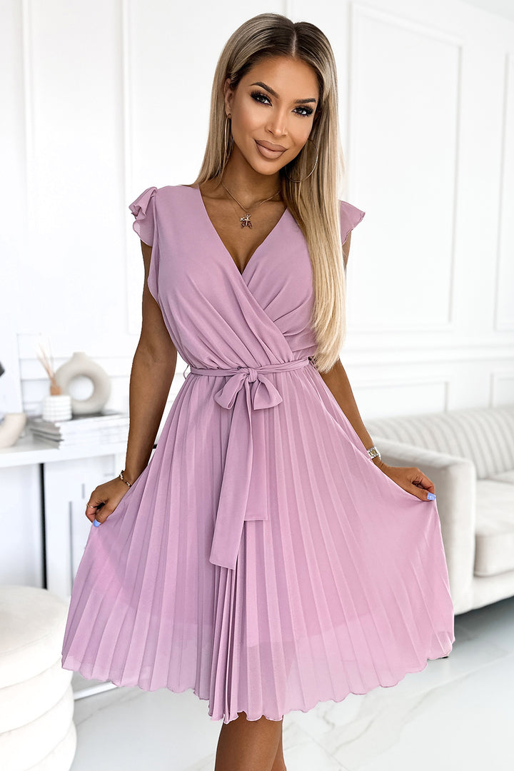 POLINA Pleated dress with a neckline and frills - dirty pink