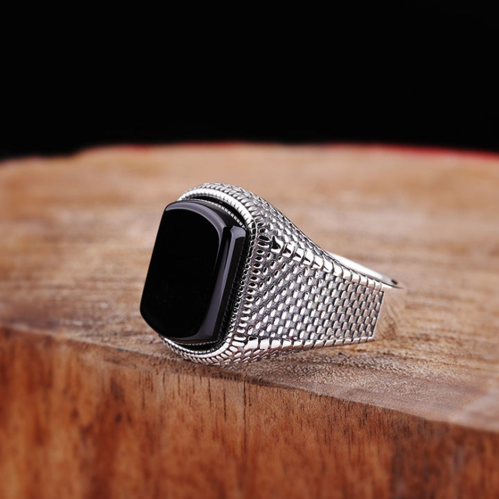 S925 Sterling Silver Black Agate Ring – Elegant Dazzle Statement Jewelry
