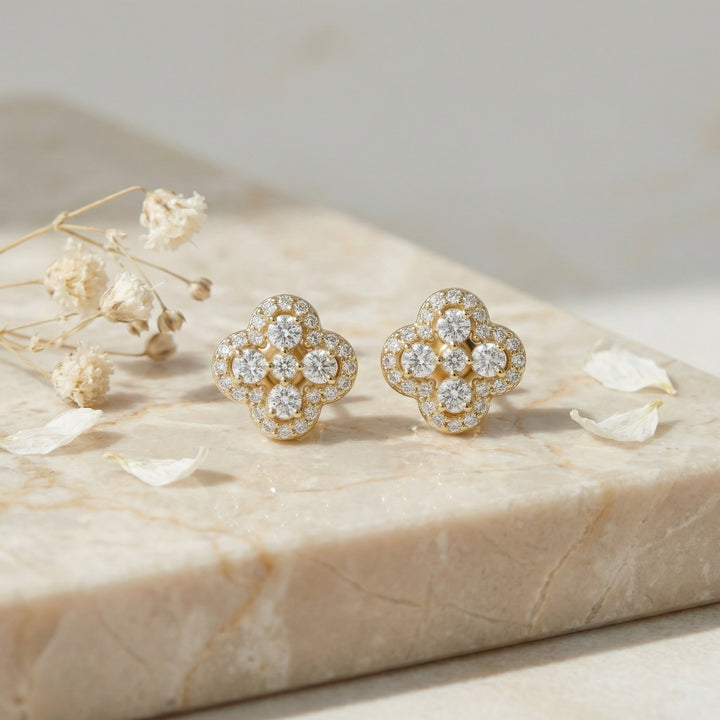 🌸 925 Sterling Silver Diamond Quatrefoil Flower Stud Earrings 🌸