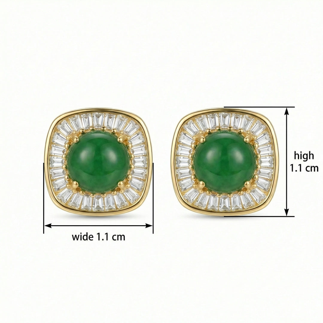 925 Sterling Silver Square Green Jadeite Stud Earrings with White Baguette Halo