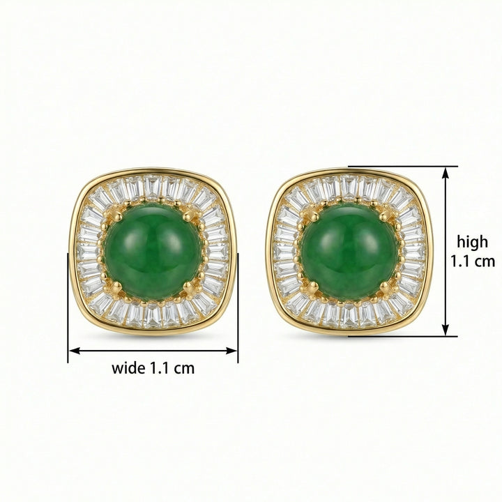 925 Sterling Silver Square Green Jadeite Stud Earrings with White Baguette Halo