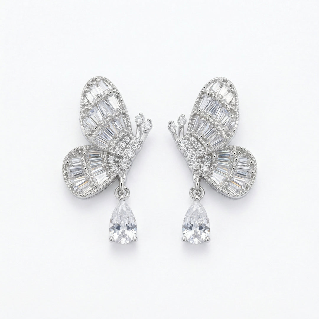 ✨ 925 Sterling Silver Sparkling Butterfly Drop Earrings with Baguette & Pear-Cut Crystals ✨