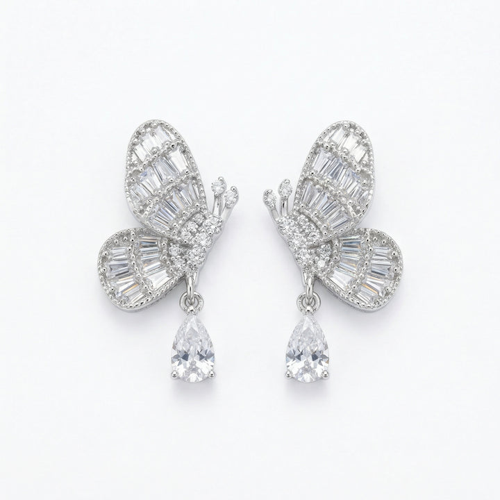✨ 925 Sterling Silver Sparkling Butterfly Drop Earrings with Baguette & Pear-Cut Crystals ✨