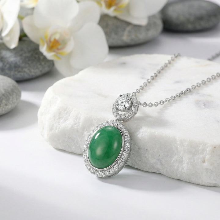 925 Sterling Silver Oval Green Jadeite Pendant Necklace with Diamond Halo