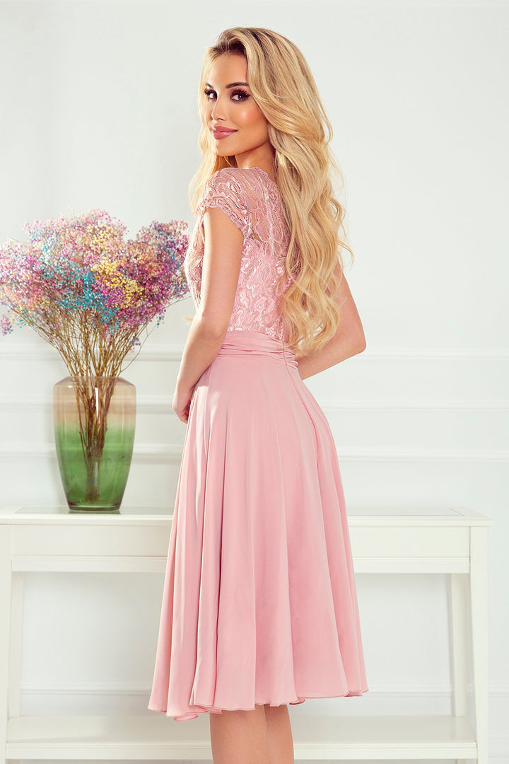 LINDA - chiffon dress with lace neckline - dirty pink