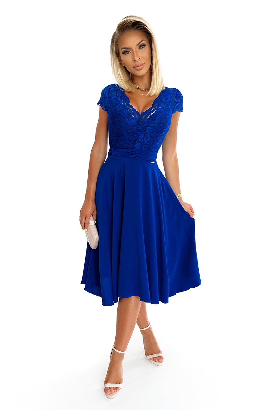 LINDA - chiffon dress with lace neckline - royal blue