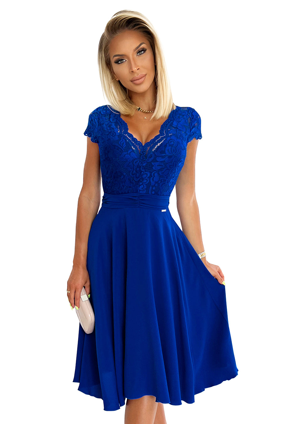 LINDA - chiffon dress with lace neckline - royal blue