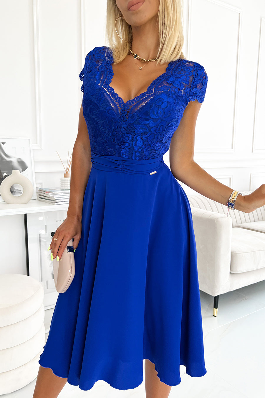 LINDA - chiffon dress with lace neckline - royal blue