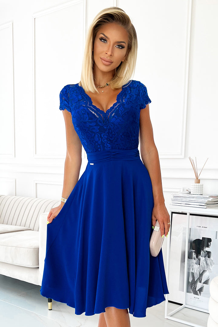 LINDA - chiffon dress with lace neckline - royal blue