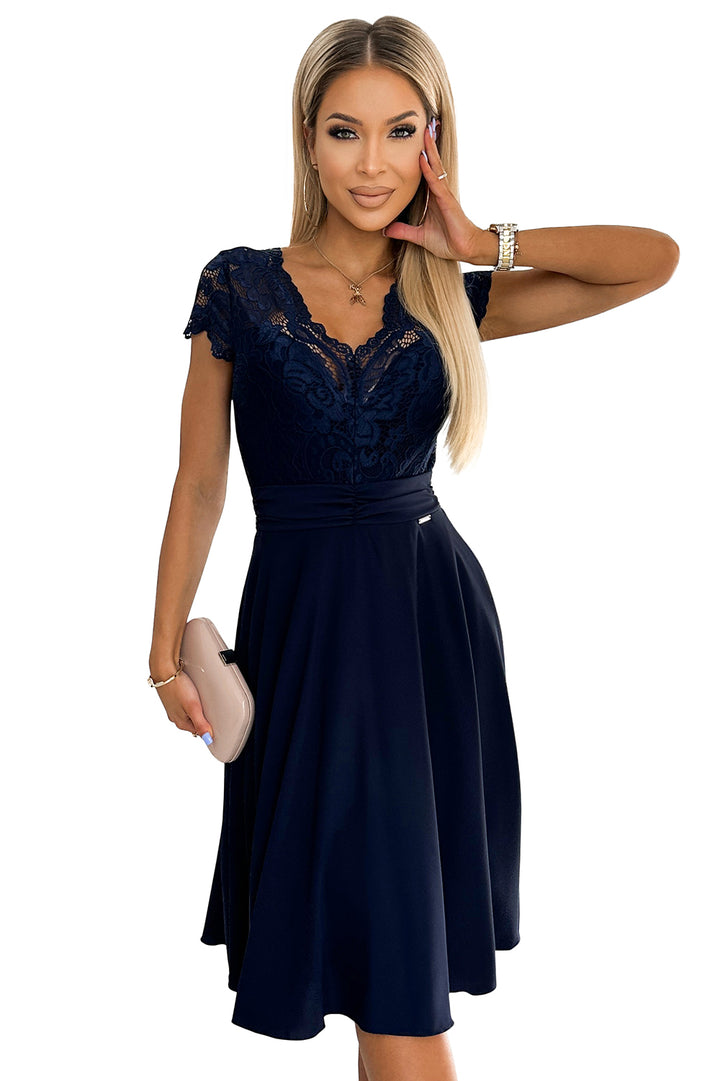 LINDA - chiffon dress with lace neckline - Navy blue