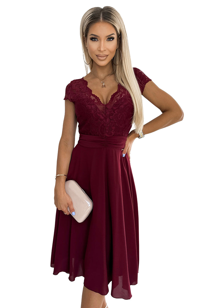 LINDA - chiffon dress with lace neckline - Burgundy color