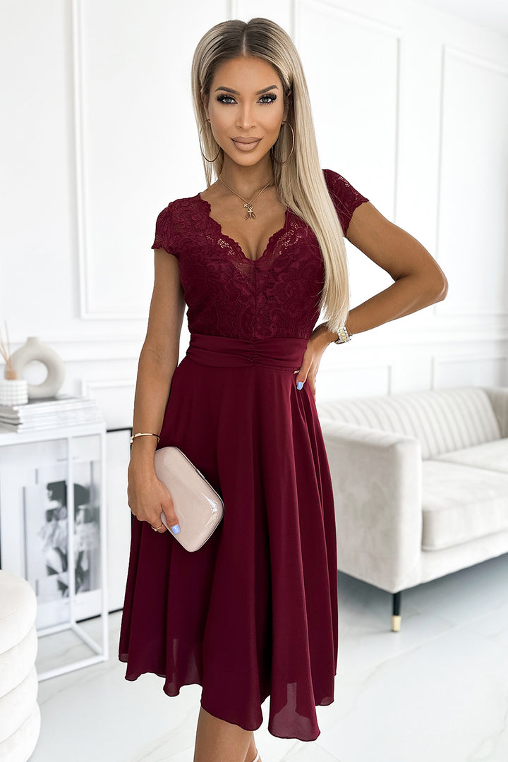 LINDA - chiffon dress with lace neckline - Burgundy color