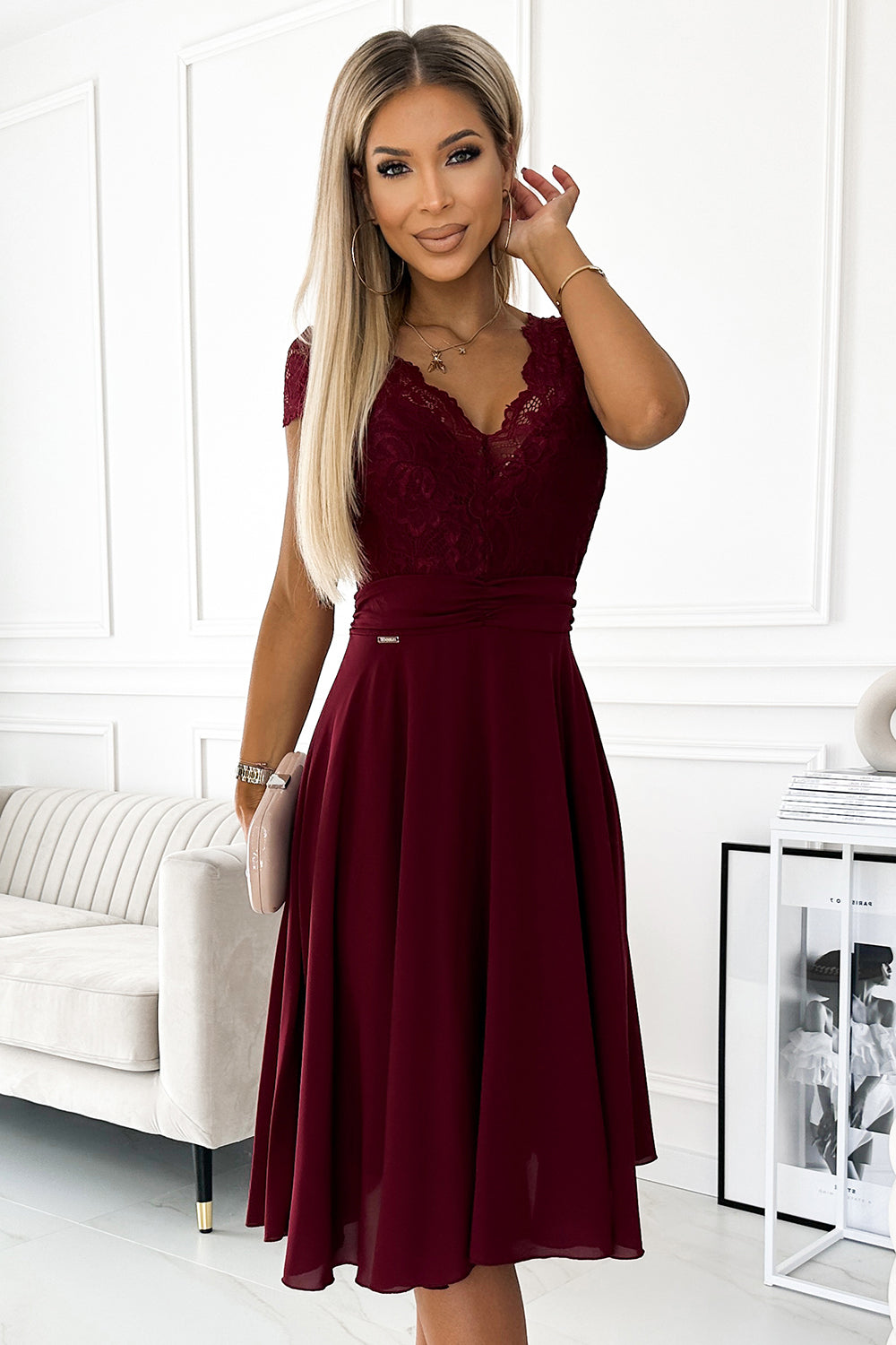 LINDA - chiffon dress with lace neckline - Burgundy color