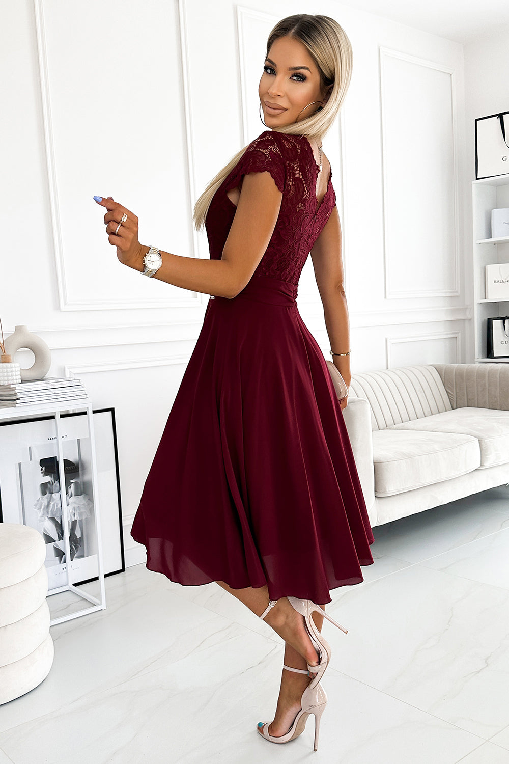 LINDA - chiffon dress with lace neckline - Burgundy color