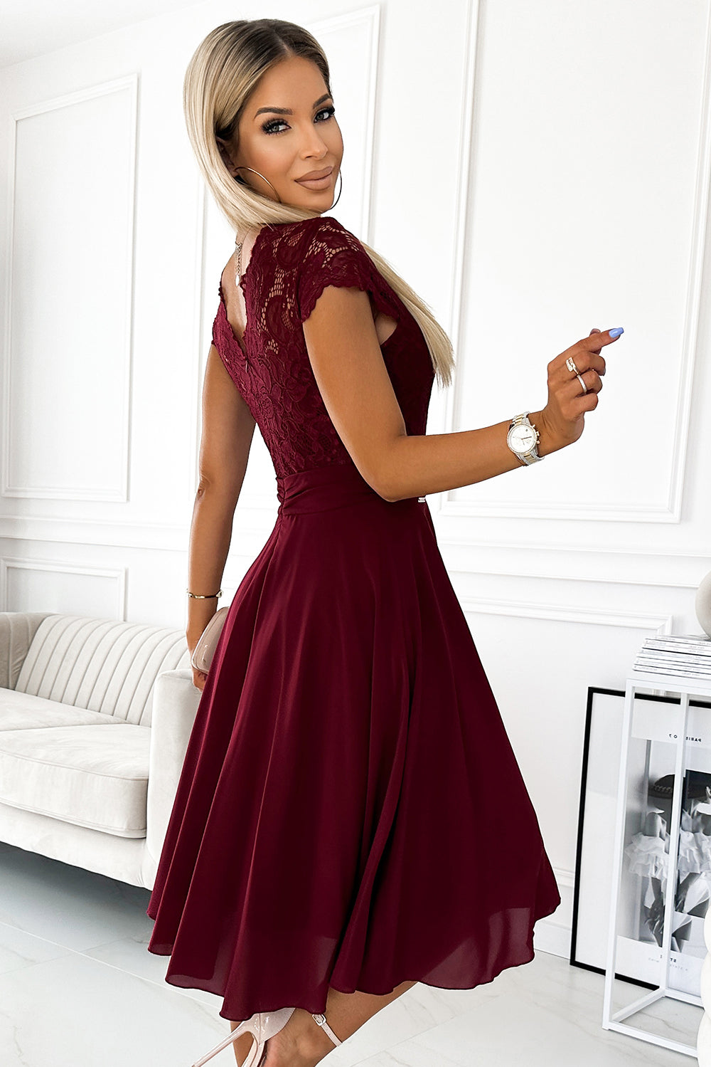 LINDA - chiffon dress with lace neckline - Burgundy color