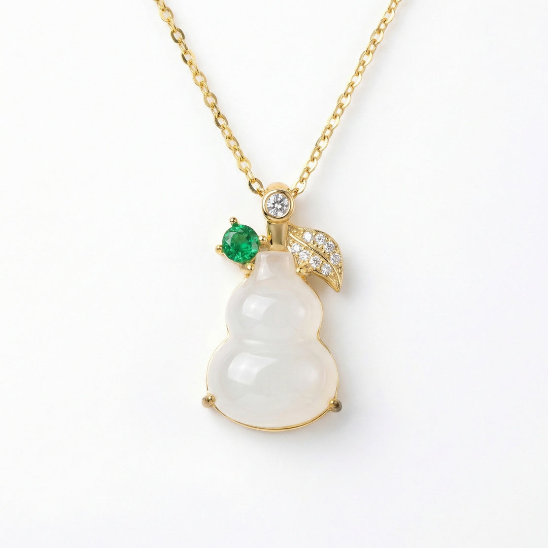 ✨ 925 Sterling Silver Elegant White Jade Gourd Pendant Necklace with Emerald & Diamond Leaf Accents ✨