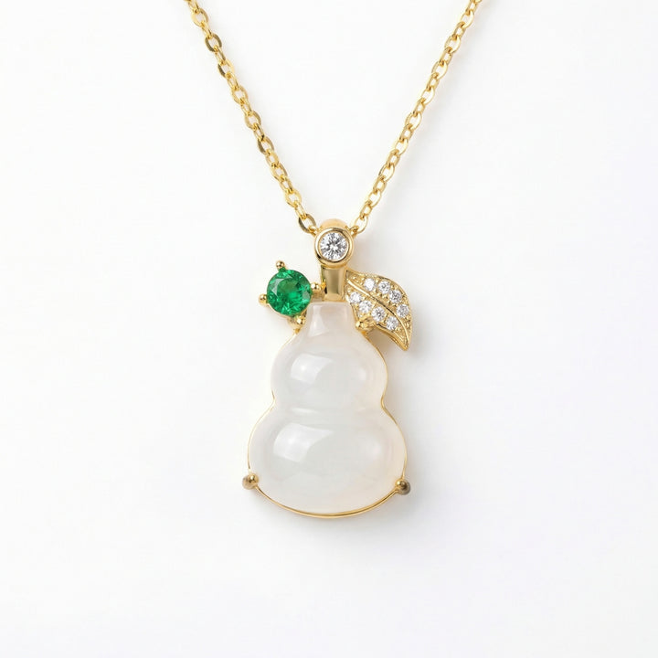 ✨ 925 Sterling Silver Elegant White Jade Gourd Pendant Necklace with Emerald & Diamond Leaf Accents ✨
