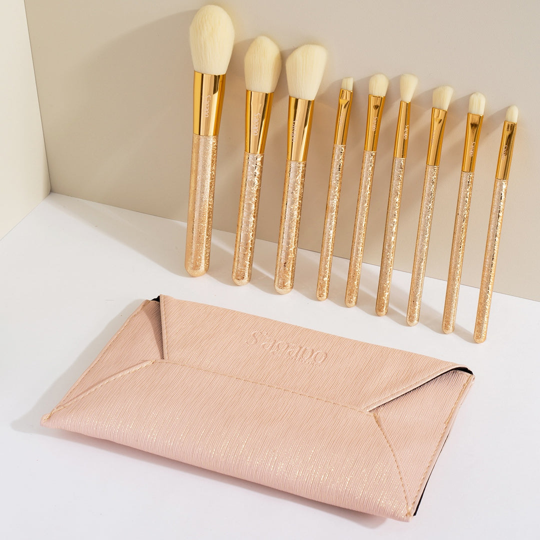 ❄️ Snowflake 9-Piece Makeup Brush Set – Gold Plastic Handle & Soft Fiber Hair Beauty Tools 💄✨