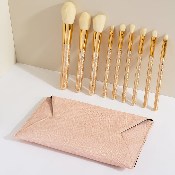 ❄️ Snowflake 9-Piece Makeup Brush Set – Gold Plastic Handle & Soft Fiber Hair Beauty Tools 💄✨