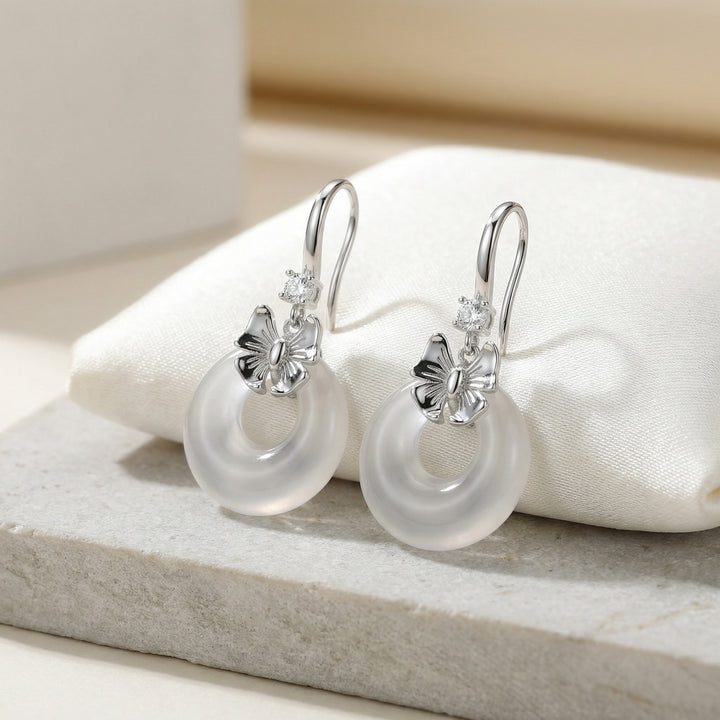 925 Sterling Silver Elegant Bow Earrings with Clear Crystal Ring Pendants