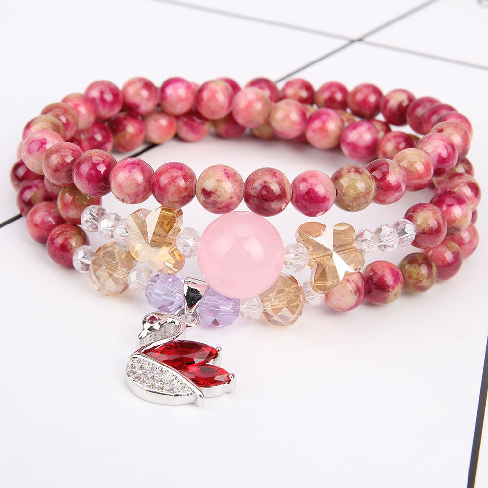 Women’s Agate Crystal Multi-Layer Bracelet with Swan Pendant