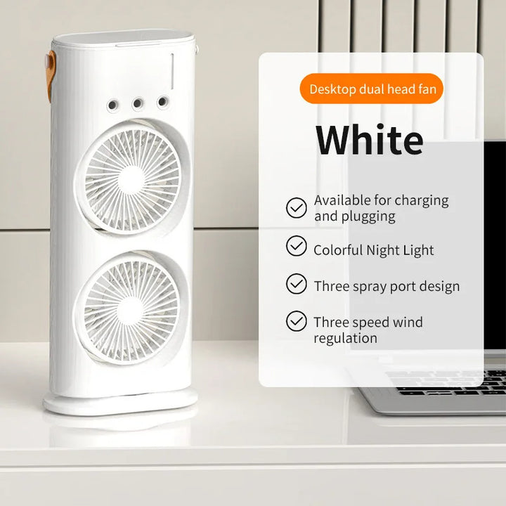 🌬️💧 Double-Head Spray Fan Humidifier | Portable Air Cooler & Mist Fan ❄️✨