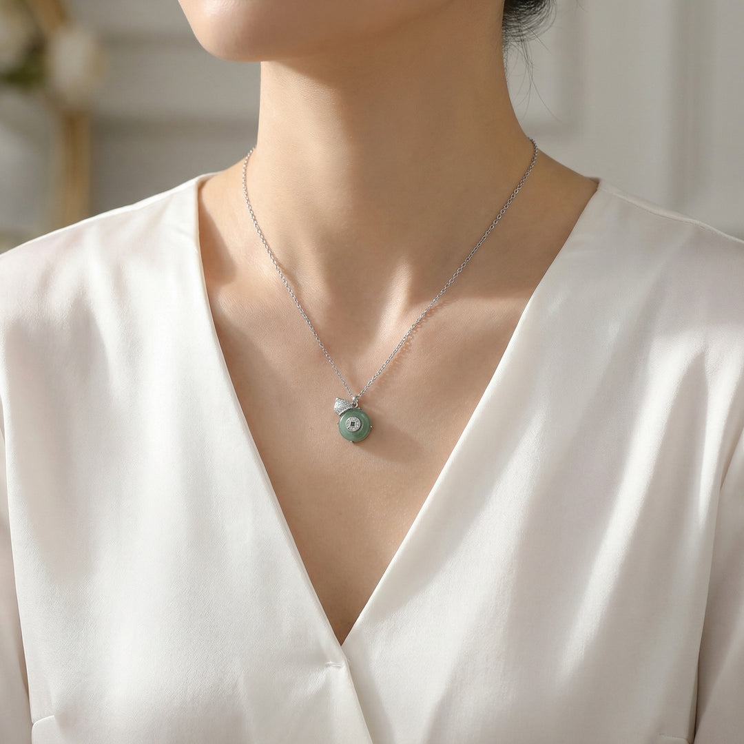 925 Sterling Silver Elegant Jadeite Calabash & Coin Pendant Necklace with Diamond Accents