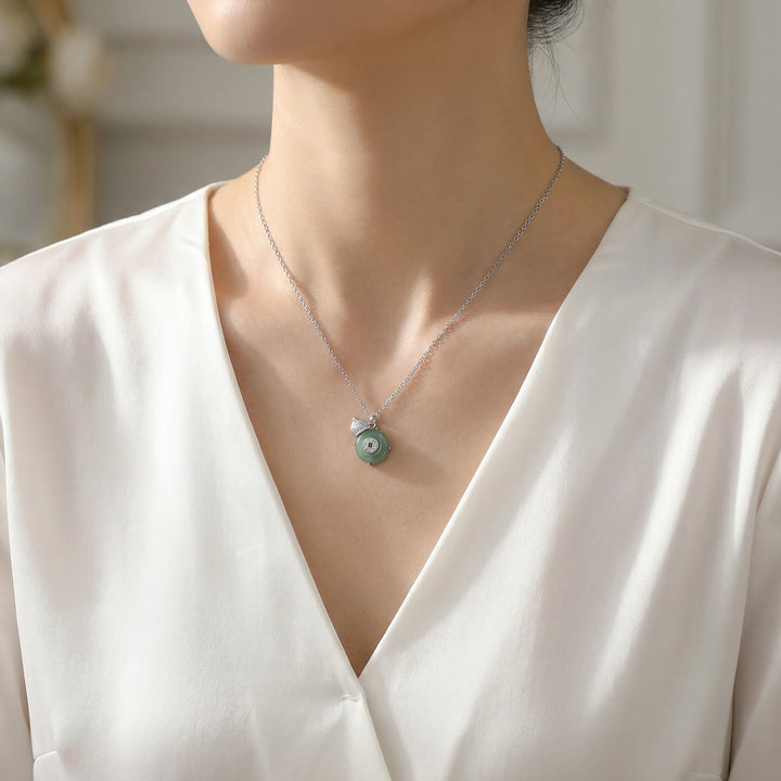 925 Sterling Silver Elegant Jadeite Calabash & Coin Pendant Necklace with Diamond Accents