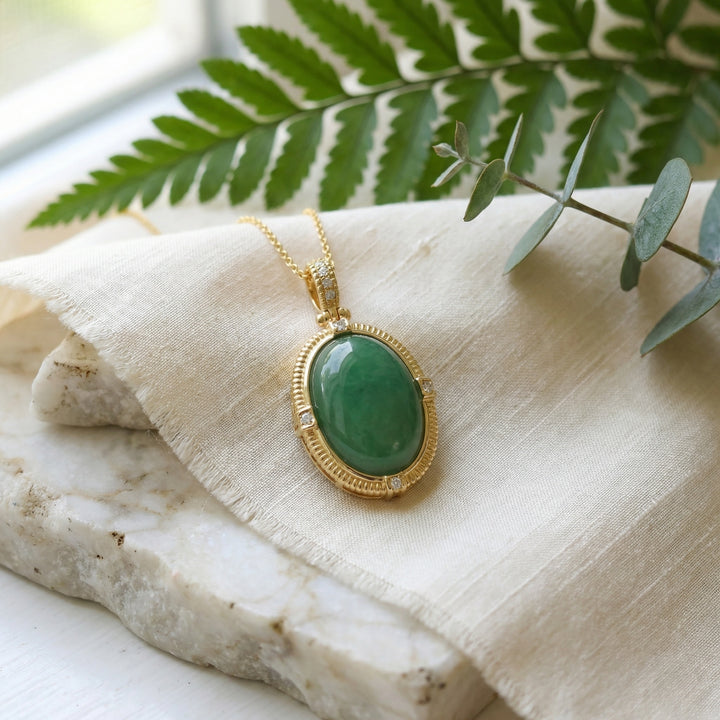 ✨ 925 Sterling Silver Radiant Oval Green Jade Pendant Necklace with Sparkling Accents ✨