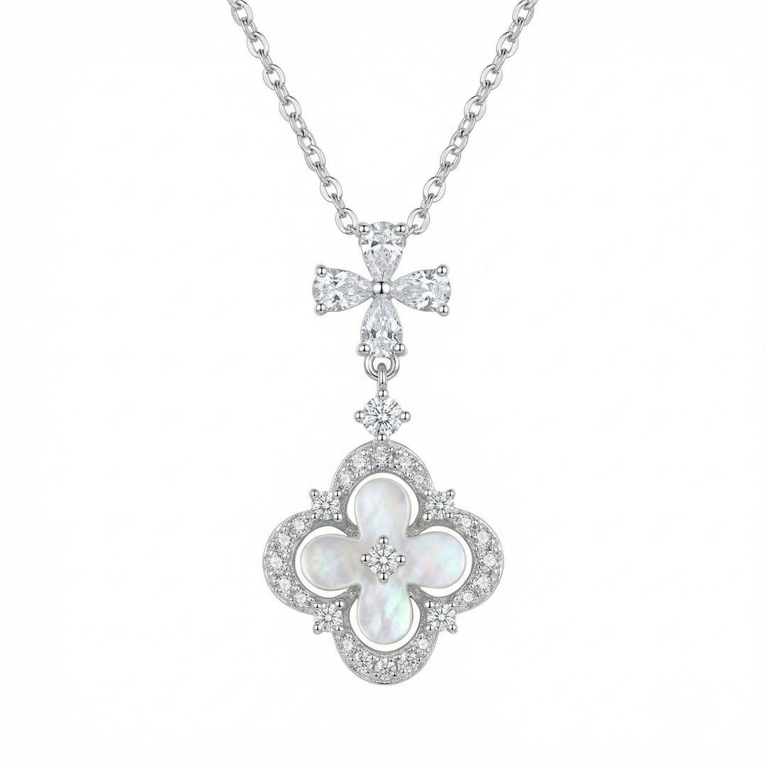 925 Sterling Silver Mother-of-Pearl Quatrefoil Necklace with Sparkling Stone Accents