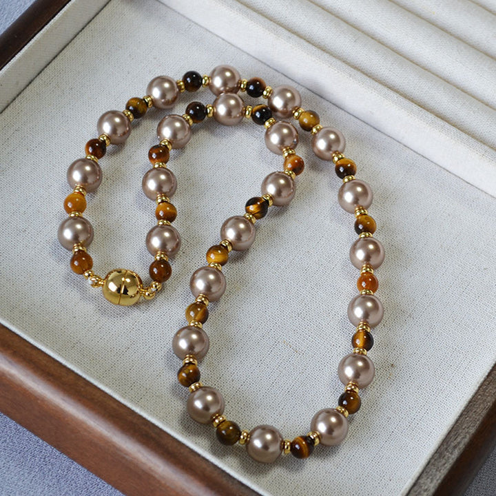 Women’s Retro Tiger’s Eye Beaded Necklace – Brown & Coffee Vintage Pearl Chain