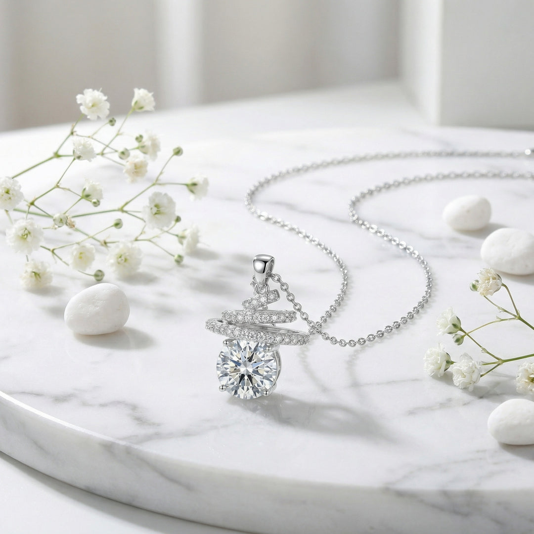 ✨ 925 Sterling Silver Spiral Pendant Necklace with Round-Cut Center Stone ✨