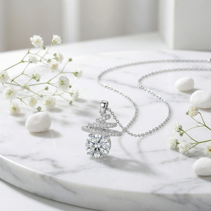 ✨ 925 Sterling Silver Spiral Pendant Necklace with Round-Cut Center Stone ✨