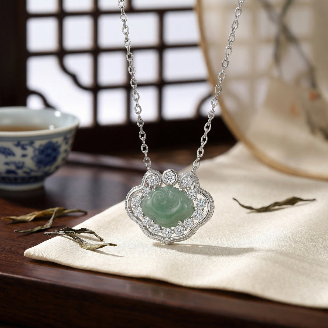 925 Sterling Silver Elegant Green Jade Ruyi Pendant Necklace with Shimmering Stone Accents