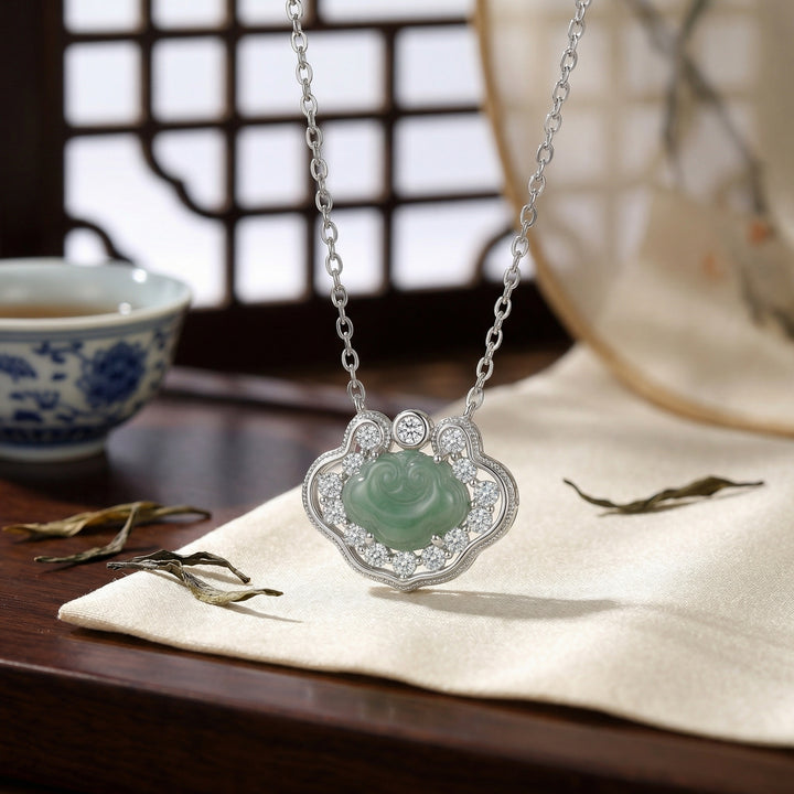 925 Sterling Silver Elegant Green Jade Ruyi Pendant Necklace with Shimmering Stone Accents