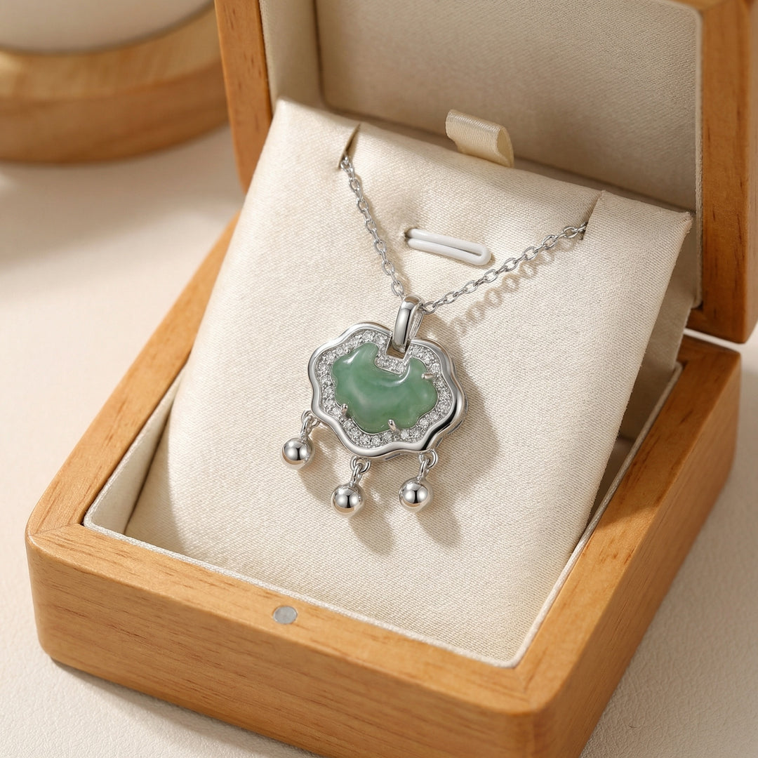 925 Sterling Silver Jade Padlock Necklace – Elegant Pendant with Crystals & Dainty Charms