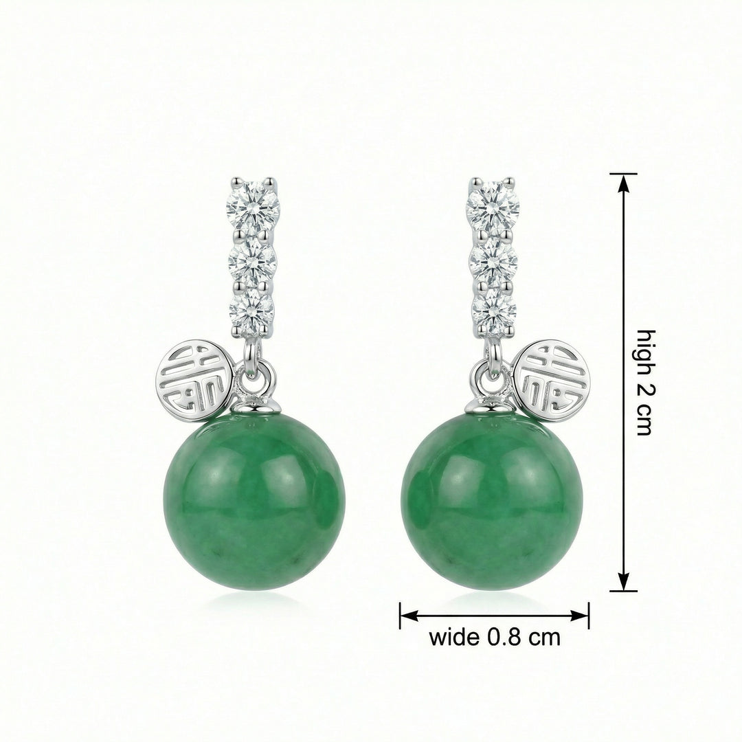 ✨ 925 Sterling Silver Green Jade Sphere Drop Earrings with Fortune Charm Accents ✨