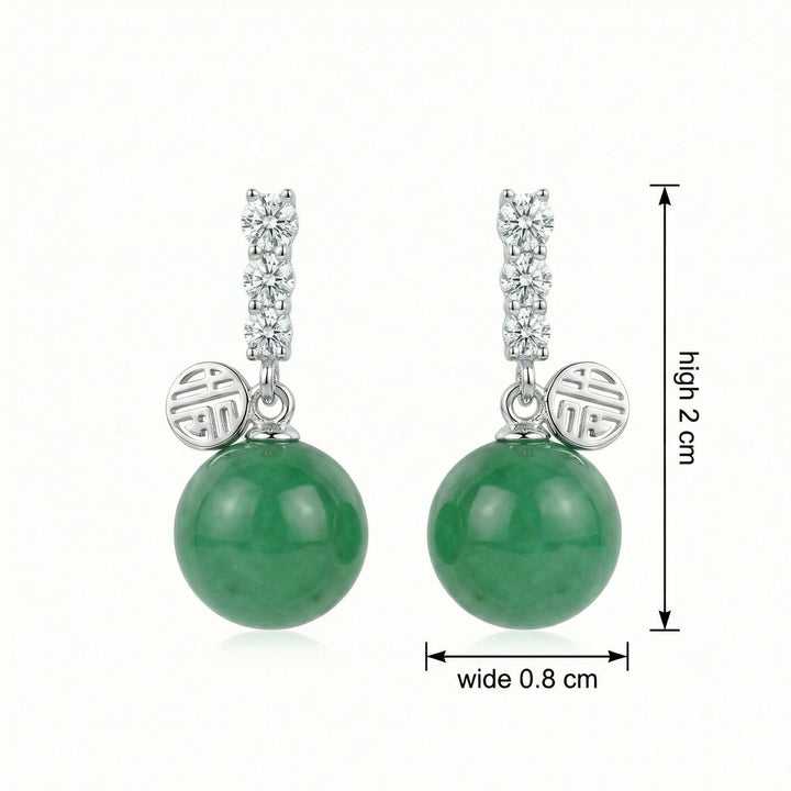 ✨ 925 Sterling Silver Green Jade Sphere Drop Earrings with Fortune Charm Accents ✨