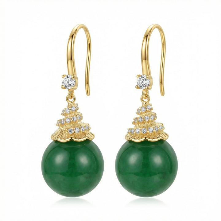 925 Sterling Silver Green Gemstone Drop Earrings with Crystal-Accented Decorative Caps