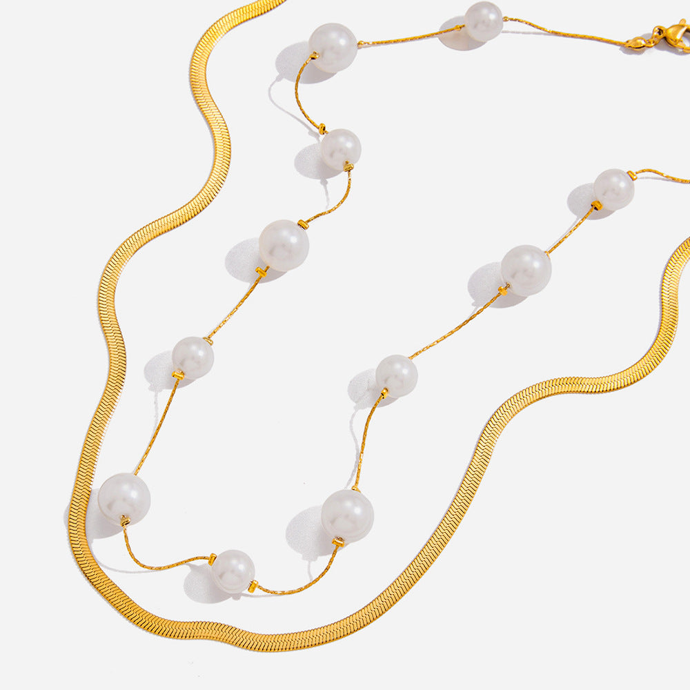Elegant 18K Gold Stainless Steel Glass Pearl Necklace – Geometric Casual Jewelry for Women