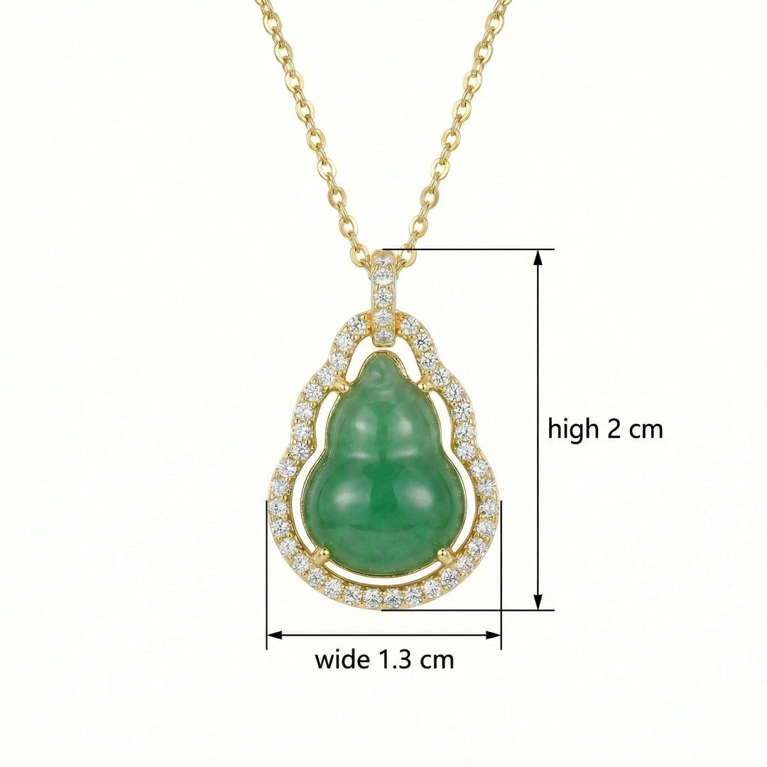 925 Sterling Silver Green Jade Hulu Pendant Necklace with Diamond Halo