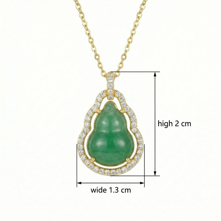 925 Sterling Silver Green Jade Hulu Pendant Necklace with Diamond Halo