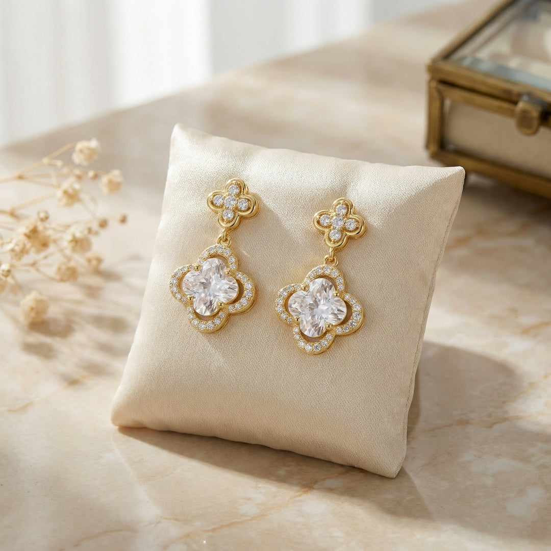 ✨ 925 Sterling Silver Quatrefoil Drop Earrings with Cushion & Round Stones ✨