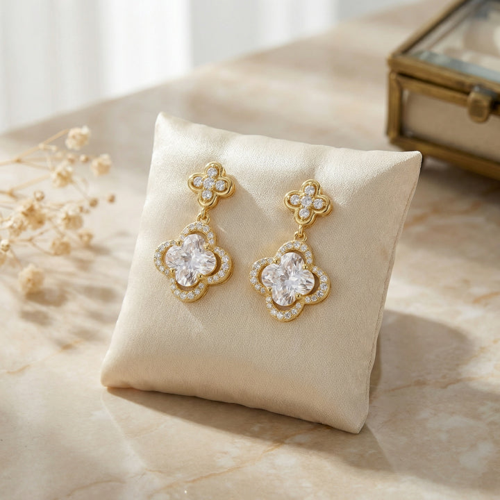 ✨ 925 Sterling Silver Quatrefoil Drop Earrings with Cushion & Round Stones ✨