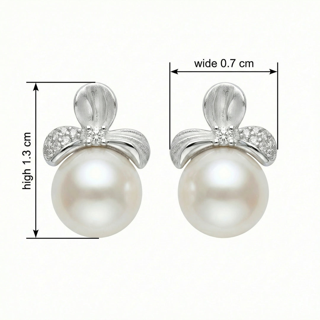 925 Sterling Silver Elegant Floral White Pearl Earrings with Shimmering Diamond-Accented Silver Settings