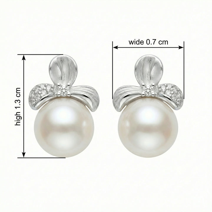 925 Sterling Silver Elegant Floral White Pearl Earrings with Shimmering Diamond-Accented Silver Settings